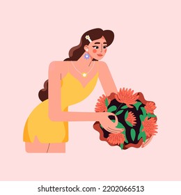 Una florista que organiza flores y vegetación en un grupo de flores. Niña joven durante el régimen de ramo de bricolaje. Diseño de pozos con flores frescas. Ilustración vectorial gráfica plana aislada en fondo blanco