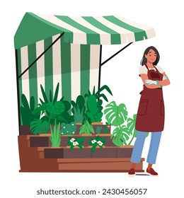 Woman Florist Character In An Apron And Garden Gloves, Arms Crossed, Stands Proudly At Her Gardener Market Stall, Surrounded By A Vibrant Array Of Plants For Sale. Cartoon People Vector Illustration