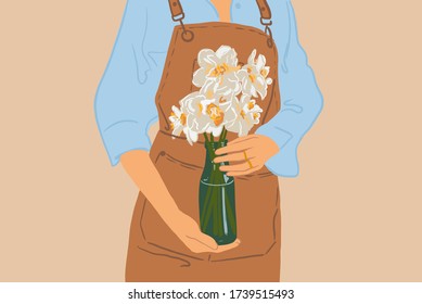 Woman as a florist dressed in apron holding flowers in a vase close-up. Vector illustration in flat style