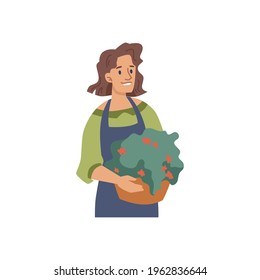 Woman Florist Or Flower Seller With Potted Plant Isolated Flat Cartoon Character. Vector Gardener Or Landscape Architecture With Bouquet, Smiling Farm Lady In Apron. Small Business Owner, Salesperson