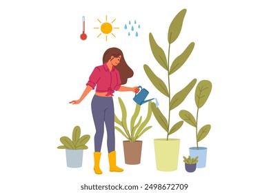 Woman florist grows houseplants in greenhouse, watering flowers with water and fertilizer. Girl from flower shop or greenhouse works as florist, enjoying growing plants to decorate interior of house.