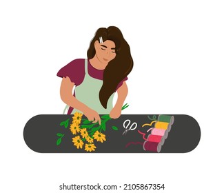  Woman florist seller makes a bouquet of yellow daisies or chrysanthemums in a flower shop. Flat vector illustration isolated on white background.