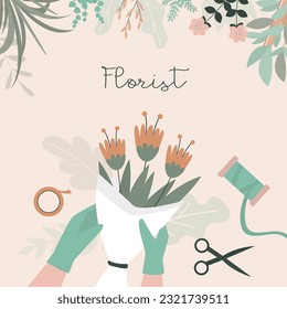 Woman florist seller makes bouquet in flower shop. Florist hands with bouquet, top view. Businesswoman with flowers and tools in workplace, close up view. Floristry and botany. vector illustration