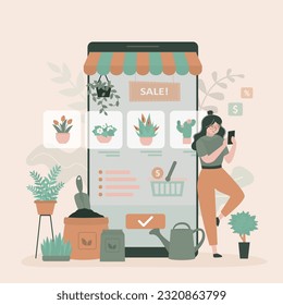 Woman florist seller sales bouquets and plants in online flower shop. Businesswoman with flowers and accessories standing near mobile phone with marketplace app. Floristry business and botany. vector