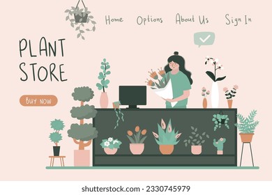 Woman florist selling bouquets and home plants at flower shop. Female seller behind counter and sells plants and flowers. Gardening and plant store, landing page template. Growing plants business