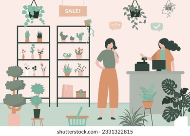 Florista mujer vendiendo ramos y plantas en la floristería. Vendedoras detrás de mostrador, clientes selectos de plantas y flores. La tienda de jardinería. La jardinería y el cultivo de plantas. vector