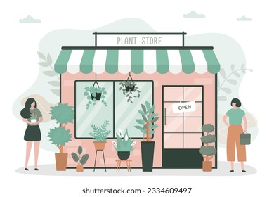 Woman florist selling bouquets and home plants at flower shop. Female entrepreneur sells plants and flowers. Gardening and plant store, co-founders standing near shop building. Growing plants business