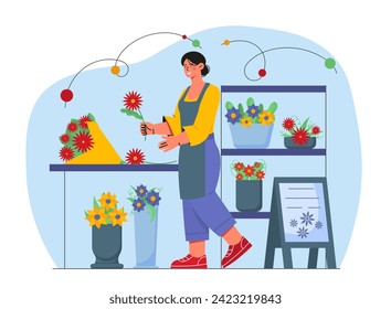 Woman florist at workplace. Young girl with flowers and bouquets. Bloom and blossom plants. Beauty, aesthetics and elegance. Cartoon flat vector illustration isolated on white background