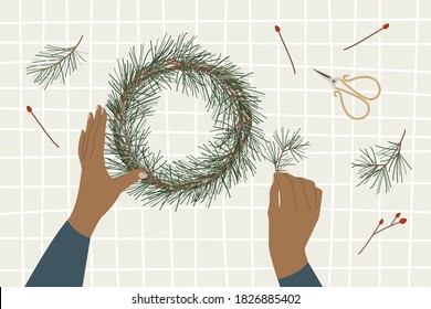 Woman florists making christmas wreaths, holiday workshop. Eco decoration, flat lay. Presents in kraft paper. Rustic gift box. Xmas and New Year celebration preparation. Vector flat style