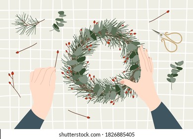 Woman florists making christmas wreaths, holiday workshop. Eco decoration, flat lay. Presents in kraft paper. Rustic gift box. Xmas and New Year celebration preparation. Vector flat style