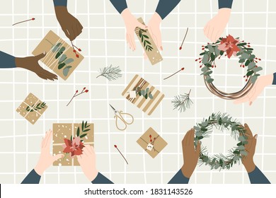 Woman florists making christmas wreaths, holiday workshop. Eco decoration, flat lay. Presents in kraft paper. Rustic gift box. Xmas and New Year celebration preparation. Vector flat style