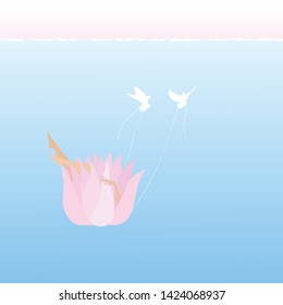 woman is floting in a flower boat and it dragged by two pigeon birds. blue sea and sky freadom soul woman nice summer concept