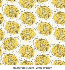 Woman flourish sketch seamless pattern on beige background. Vector peony flower illustration.