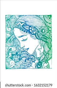 Woman and flower. Aquarius zodiac sign. Zentangle art.