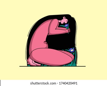 Woman with flower in cartoon style isolated on yellow background. Vector digital illustration. Lovely girl sniffs flowers. Character for web design, app, logo, print t-shirt.