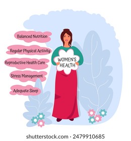 Mujer con una flor y nubes con cinco esenciales para la salud. Concepto de salud de la mujer. Ilustración vectorial plana