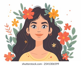 Mujer con una corona de flores en la cabeza. Ella está sonriendo y mirando a la cámara. Las flores son de varios colores y están esparcidas alrededor de su cabeza y cara. La escena es alegre y alegre