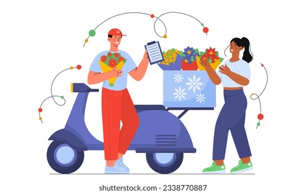 Woman with flower delivery concept. Courier man brought flowers to young girl. Aesthetics and elegance. Romantic gift or surprise. Online shopping and commerce. Cartoon flat vector illustration
