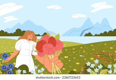 Woman with flower field concept. Young girl with bouquet at lawn with bloom and blossom plants. Beautiful natural scenes, summer panorama and landscape. Cartoon flat vector illustration