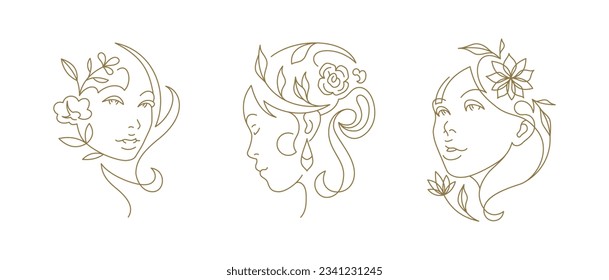 Peluquería de flores de mujer romántico retrato de belleza línea continua de arte logo conjunto ilustración vectorial. Peluquería floral de mujeres decoración de flor botánica mínima cosmetología del icon coiffuro cuidado de la piel cosmética natural