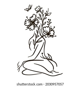 Woman with flower head. Female Body Line Art. Black and white vector illustration. 