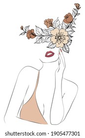 Mujer con Linea de Flor Arte, Moda, Vector, Ilustración, Afiche, Postal