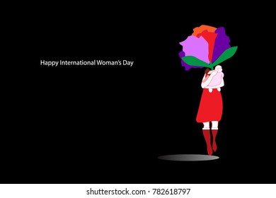 Woman with flower head,red dress and top boots holding baby walking in the dark.Concept of beauty but strong,brave and gentle people or representation of mother instinct for International woman’s day.