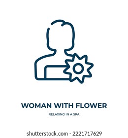 Woman with flower icon. Linear vector illustration from relaxing in a spa collection. Outline woman with flower icon vector. Thin line symbol for use on web and mobile apps, logo, print media.
