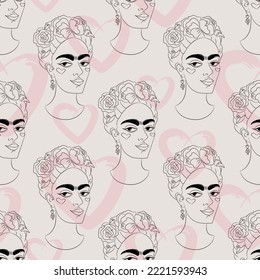 Woman with flower on her head vector seamless pattern