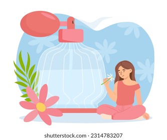 Mujer con concepto de perfume floral. La niña se sienta con una flor cerca de una botella de vidrio de cosméticos naturales y orgánicos. Fragrancia y aroma, elegancia y estética. Dibujo vectorial plano de dibujos animados