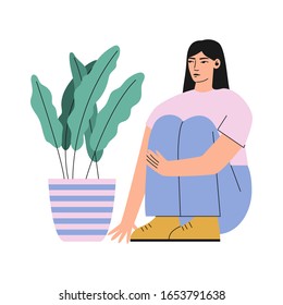 Woman and flower. A woman is sitting near the flower. Girl cultivating home garden. Plant with big leaves. Flat vector illustration isolated on white background