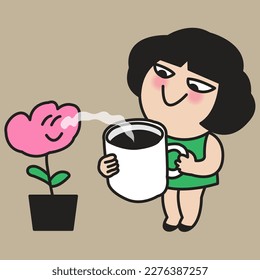 Woman And Flower Smelling Coffee In Cup. Coffee Aroma Evokes A Happy Mood And Positive Energy Concept Card Character illustration
