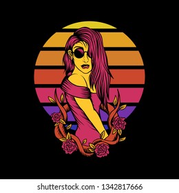 Woman flower sunset Retro vector illustration