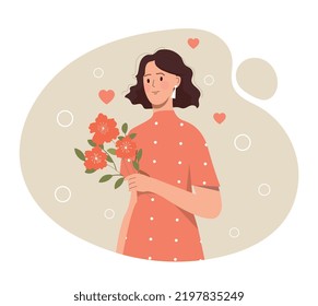 Mujer con flor. Niña joven sostiene ramo, romance, amor y apoyo. Afiche o cartel para el sitio web. Belleza, estética y elegancia. Presente, regalo y sorpresa. Dibujo vectorial plano de dibujos animados