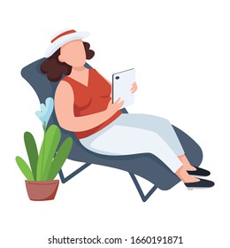Woman with flowerpot, female on chaise-longue flat color vector faceless character. Home leisure, relaxation, recreation isolated cartoon illustration for web graphic design and animation