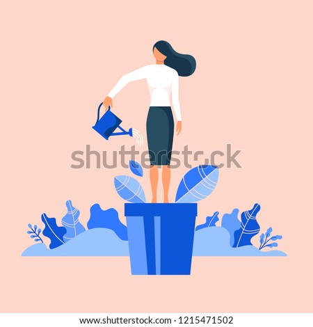 Woman in flowerpot watering herself. Flat design vector illustration concept for self-improvement, personal development, professional growth isolated on stylish background