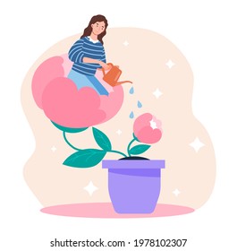 Woman in flowerpot watering herself. Self healing, recovery, assembling herself, mental rehabilitation, psychotherapy, self help therapy. Flat abstract metaphor vector illustration concept design.