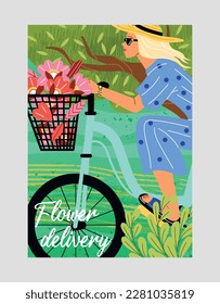 Woman with flowers banner. Young girl rides bicycle with bouquet of pink blooming field plants. Spring and summer time. Flower delivery service. Botany and floristry. Cartoon flat vector illustration