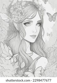 	
A woman with flowers and butterflies on her head