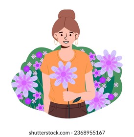 Woman with flowers concept. Young girl with bouquet of viole bloom and blossom plants. Person with romantic gift or present. Beauty, aesthetics and elegance. Cartoon flat vector illustration