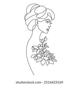 Mulher com flores Continuous One Line Vetor Drawing. Modelo de estilo com rosto feminino com flores. Estilo Linear Simples Minimalista Moderno. Design de Moda de Beleza	