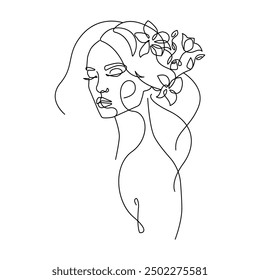 Mujer con flores de línea creativa de arte de dibujo. Arte lineal mínimo de la cara de la mujer con flores. Dibujo de línea de belleza de cabeza de mujer Abstractas para diseño minimalista o boho de moda. Ilustración vectorial