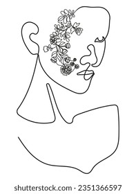 Woman with Flowers Face in Minimal One Line Art Drawing