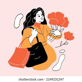 Woman with flowers. Girl with bouquet in hands, red plants. Romantic dates and gift for your beloved, surprise. Design for greeting cards, international womens day. Cartoon flat vector illustration