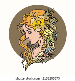 Woman and flowers golden tones art vector for card, decoration, illustration