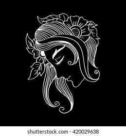 Woman with flowers in hair. Decorative style.