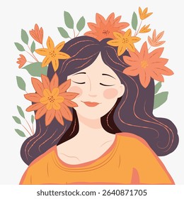 Woman with Flowers in Hair – Peaceful Floral Portrait
Soft and feminine vector illustration of a smiling woman with long dark hair adorned with blooming orange and yellow flowers.