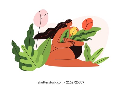 Frau mit Blumen. Happy Weibchen mit Pflanzen in der Natur. Psychologisches Konzept des körperpositiven, psychischen Gesundheit, Selbstwahrnehmung, Liebe. Flache Vektorgrafik einzeln auf weißem Hintergrund.