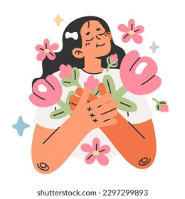 Woman with flowers. Harmony, inner peace and balance idea. Young girl hugs a pink flowers bouquet. Unity with nature and emotional state. Body and mental health. Flat vector illustration