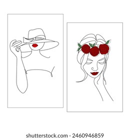 Woman with flowers, hat line drawing vector illustration 